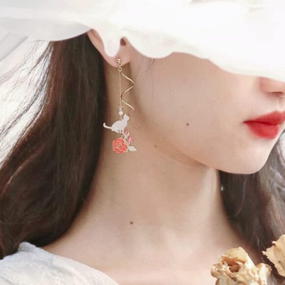 Pink Flower Dangle Earrings for Women Cute Pearl Leaf Cherry Blossom Earrings Fa - Picture 6 of 6